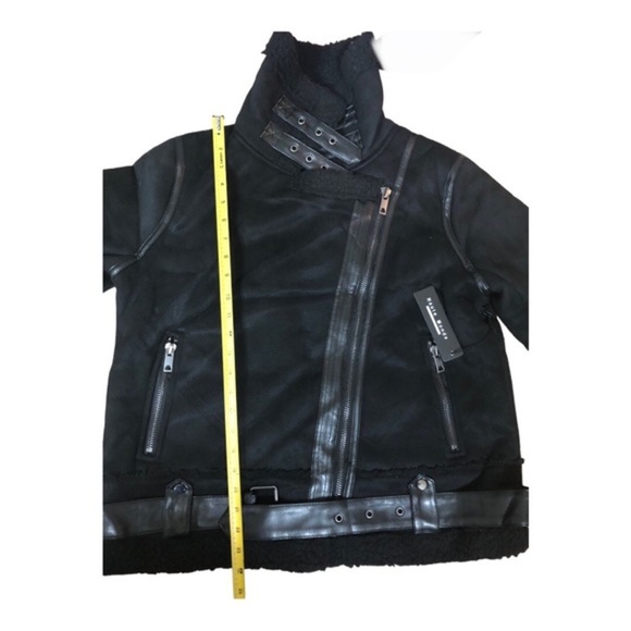 Black moto bomber‎ buckled faux shearling leather coat jacket size large new - Picture 15 of 16
